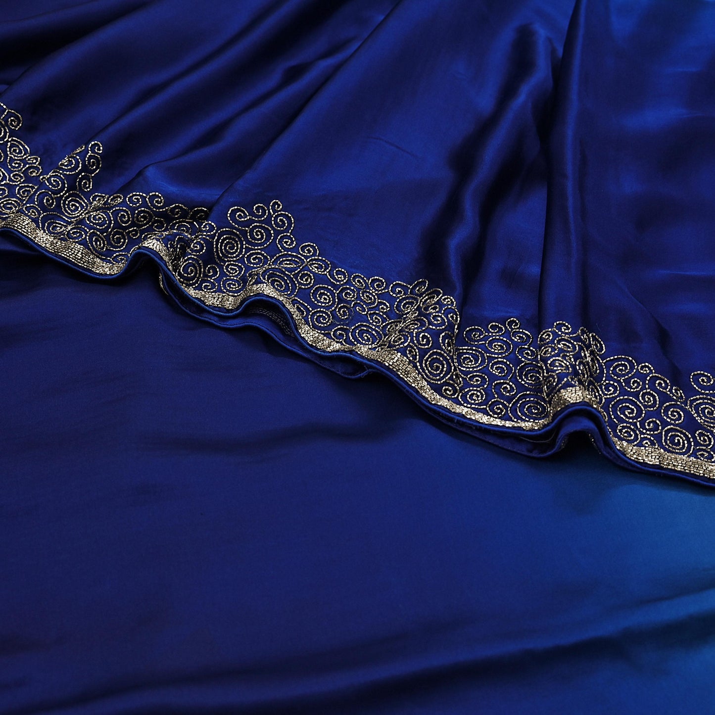 Rare Vintage Silver & Blue Pure Satin Silk Saree Hand Embroidered Fabric 5.5 Yards Sari Bollywood Party Wear Ethnic Designer Saree