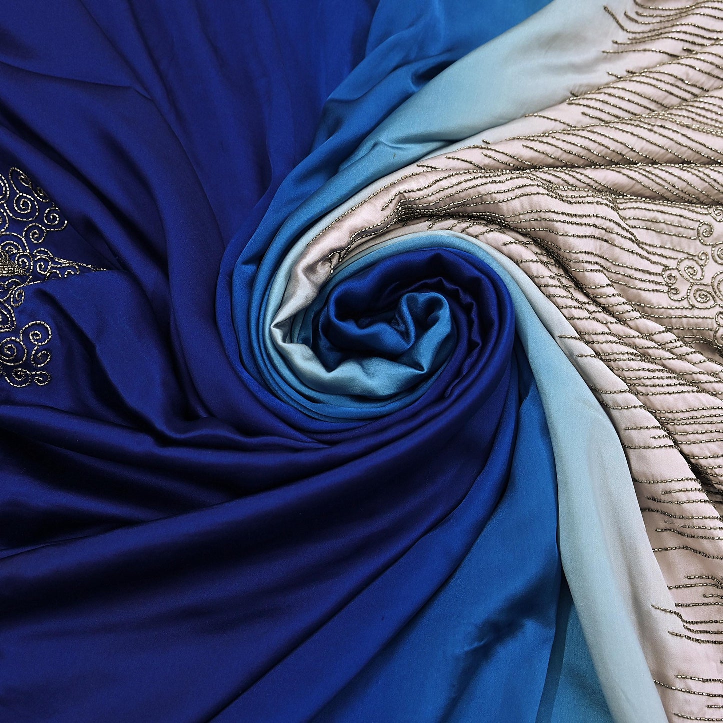 Rare Vintage Silver & Blue Pure Satin Silk Saree Hand Embroidered Fabric 5.5 Yards Sari Bollywood Party Wear Ethnic Designer Saree