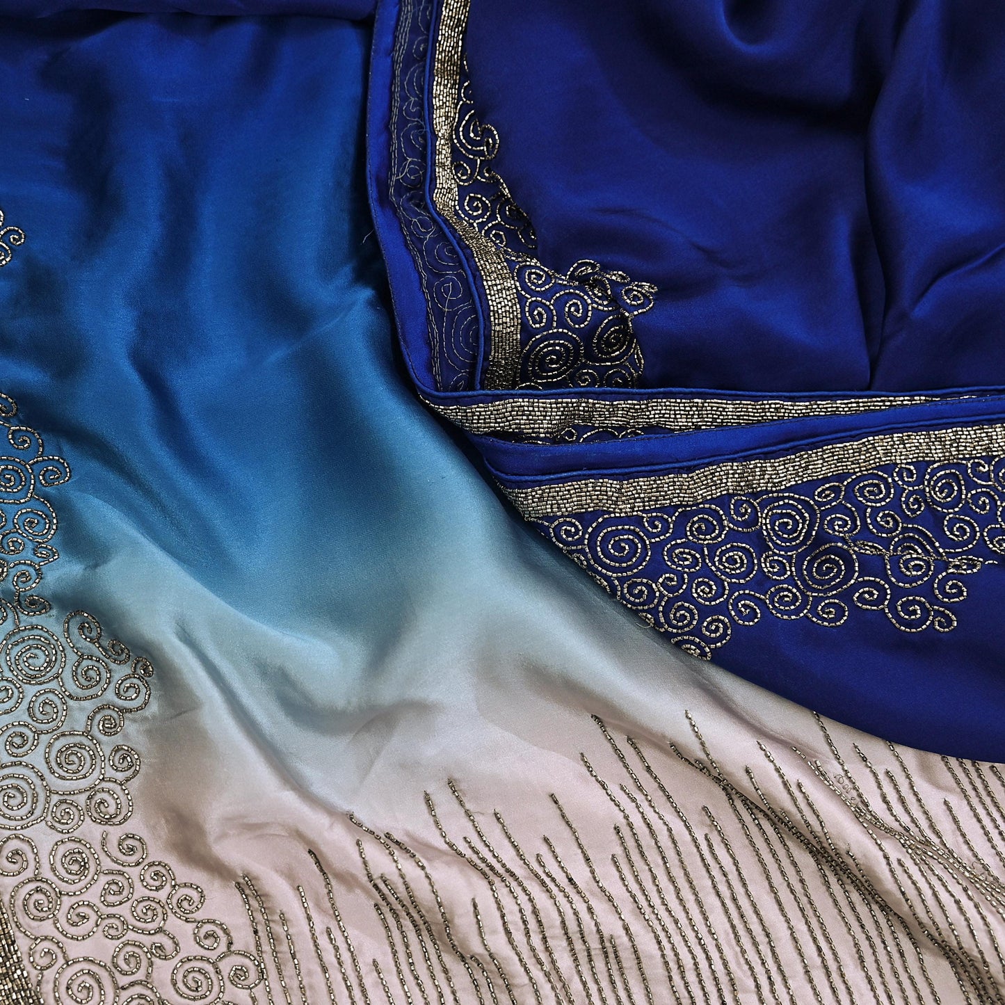 Rare Vintage Silver & Blue Pure Satin Silk Saree Hand Embroidered Fabric 5.5 Yards Sari Bollywood Party Wear Ethnic Designer Saree