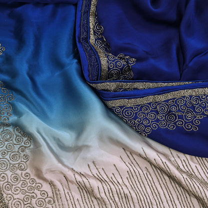 Rare Vintage Silver & Blue Pure Satin Silk Saree Hand Embroidered Fabric 5.5 Yards Sari Bollywood Party Wear Ethnic Designer Saree