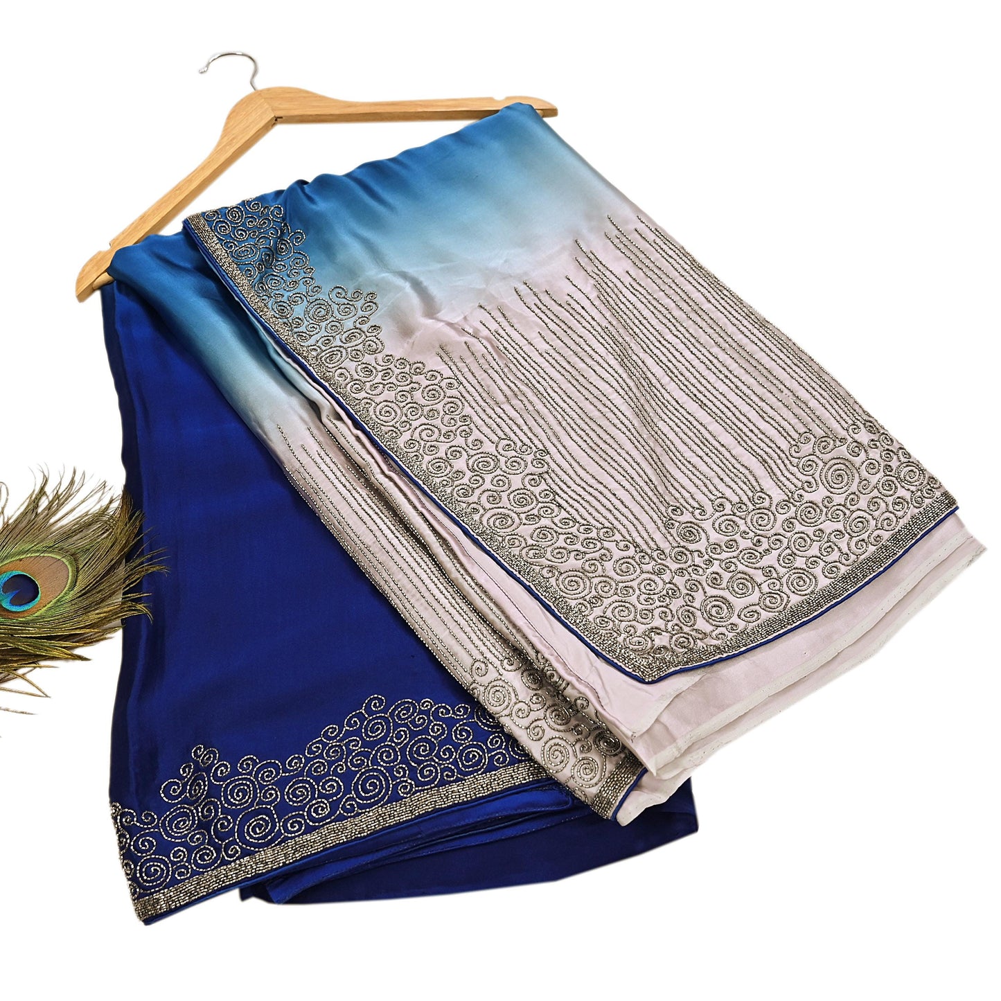 Rare Vintage Silver & Blue Pure Satin Silk Saree Hand Embroidered Fabric 5.5 Yards Sari Bollywood Party Wear Ethnic Designer Saree