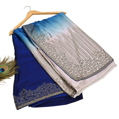 Rare Vintage Silver & Blue Pure Satin Silk Saree Hand Embroidered Fabric 5.5 Yards Sari Bollywood Party Wear Ethnic Designer Saree