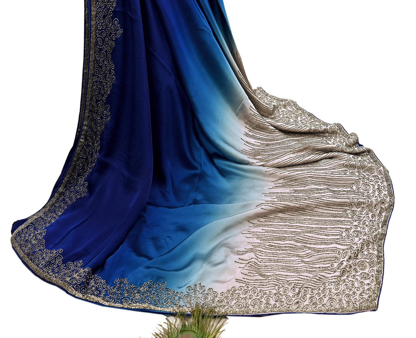 Rare Vintage Silver & Blue Pure Satin Silk Saree Hand Embroidered Fabric 5.5 Yards Sari Bollywood Party Wear Ethnic Designer Saree