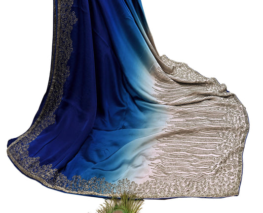Rare Vintage Silver & Blue Pure Satin Silk Saree Hand Embroidered Fabric 5.5 Yards Sari Bollywood Party Wear Ethnic Designer Saree