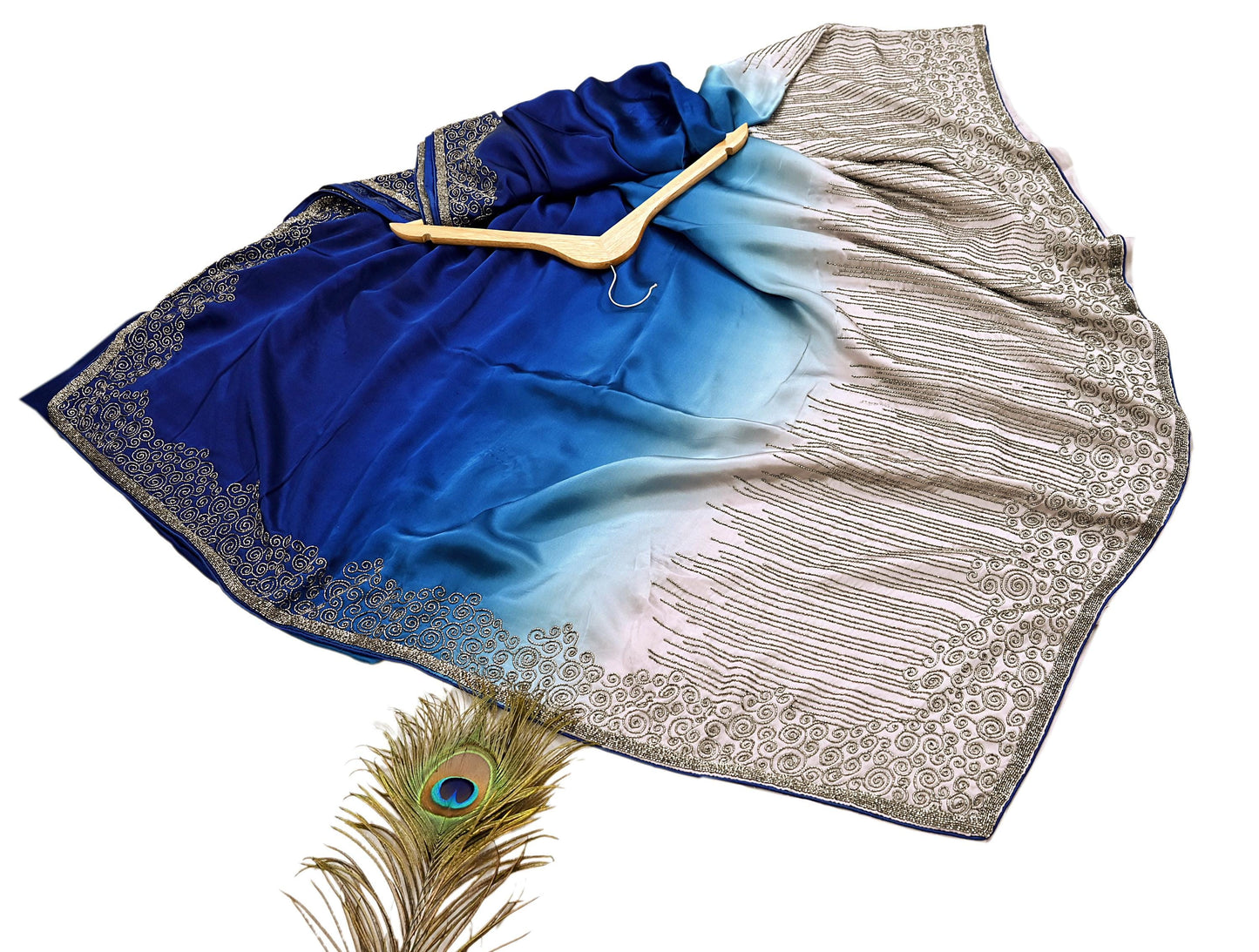 Rare Vintage Silver & Blue Pure Satin Silk Saree Hand Embroidered Fabric 5.5 Yards Sari Bollywood Party Wear Ethnic Designer Saree