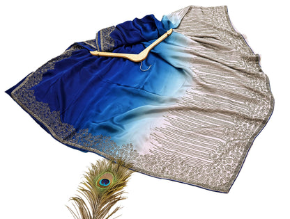 Rare Vintage Silver & Blue Pure Satin Silk Saree Hand Embroidered Fabric 5.5 Yards Sari Bollywood Party Wear Ethnic Designer Saree
