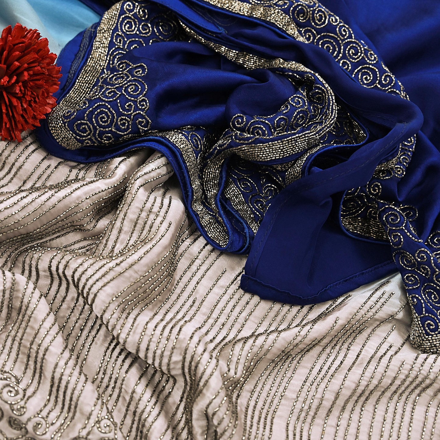Rare Vintage Silver & Blue Pure Satin Silk Saree Hand Embroidered Fabric 5.5 Yards Sari Bollywood Party Wear Ethnic Designer Saree