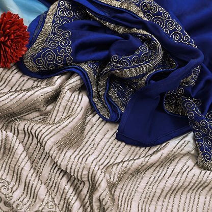 Rare Vintage Silver & Blue Pure Satin Silk Saree Hand Embroidered Fabric 5.5 Yards Sari Bollywood Party Wear Ethnic Designer Saree