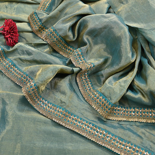 Rare Vintage Golden Green Pure Tissue Silk Saree Zardozi Hand Embroidered Designer Sabyasachi Sari 5.5 Yard Bollywood Party Wear