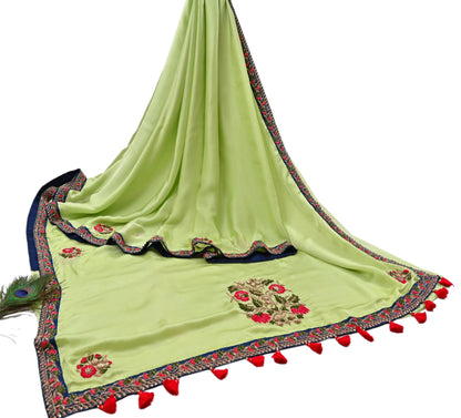 Rare Vintage Green Pure Satin Silk Saree Hand Embroidered Designer Sabyasachi Sari 6 Yard Bollywood Party Wear with Padded Blouse size 34"