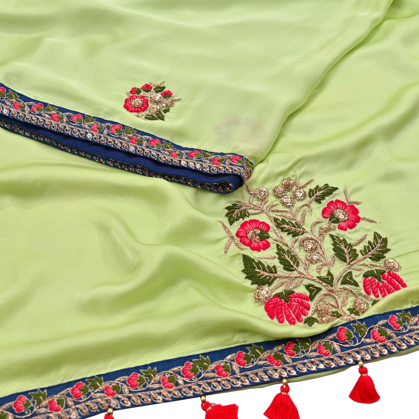 Rare Vintage Green Pure Satin Silk Saree Hand Embroidered Designer Sabyasachi Sari 6 Yard Bollywood Party Wear with Padded Blouse size 34"