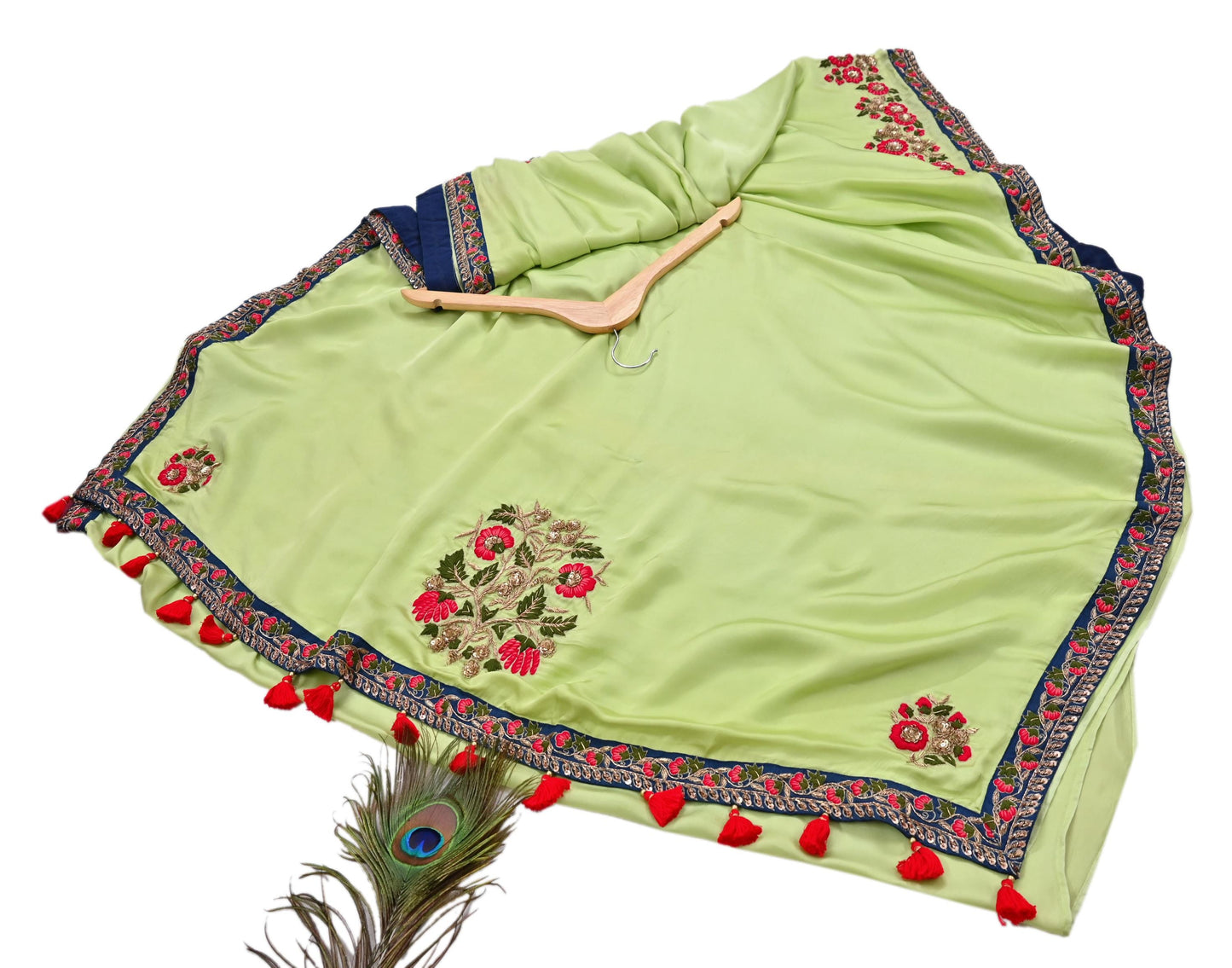 Rare Vintage Green Pure Satin Silk Saree Hand Embroidered Designer Sabyasachi Sari 6 Yard Bollywood Party Wear with Padded Blouse size 34"