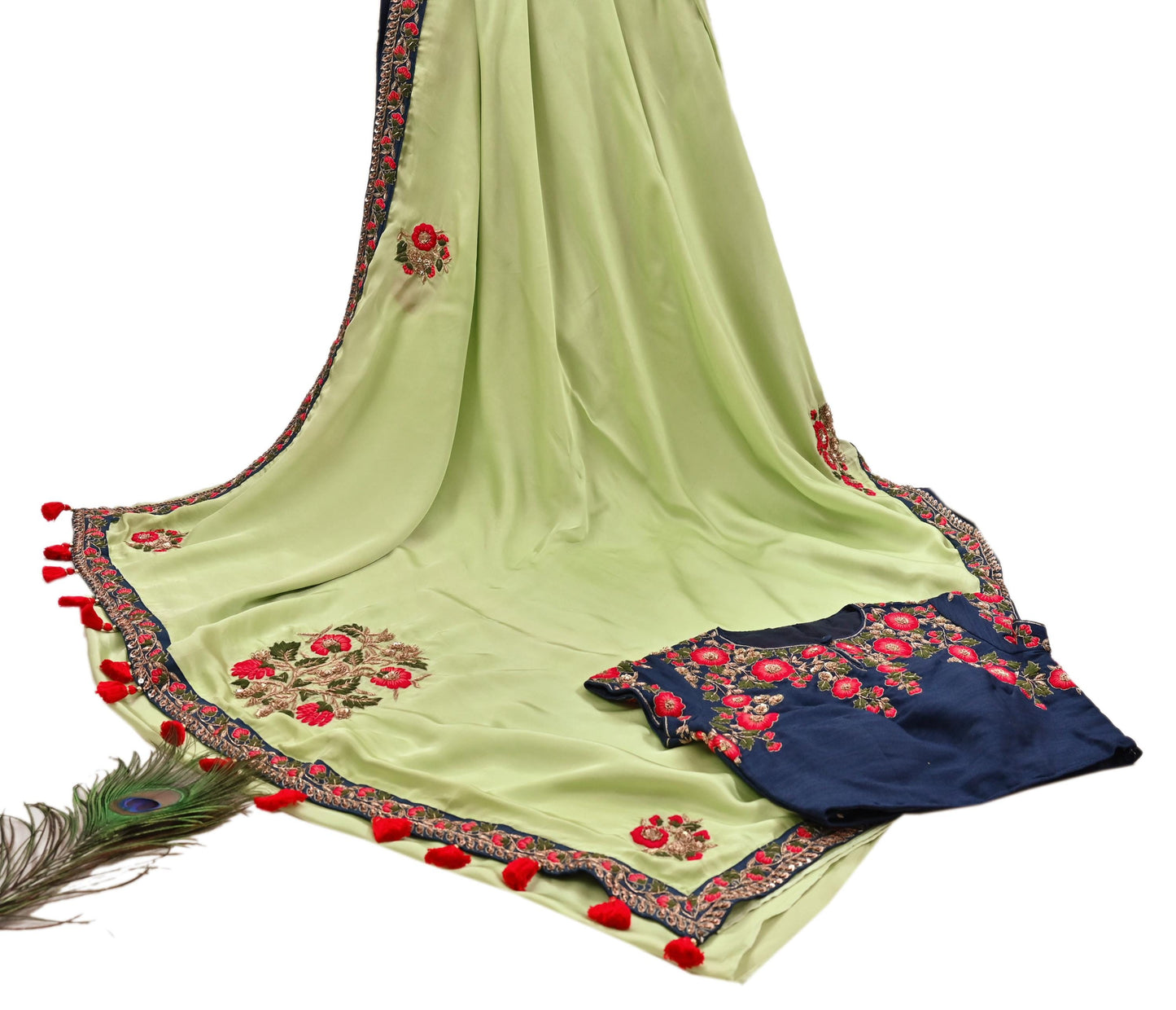 Rare Vintage Green Pure Satin Silk Saree Hand Embroidered Designer Sabyasachi Sari 6 Yard Bollywood Party Wear with Padded Blouse size 34"