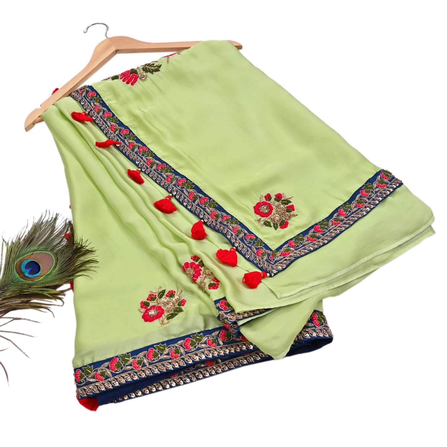 Rare Vintage Green Pure Satin Silk Saree Hand Embroidered Designer Sabyasachi Sari 6 Yard Bollywood Party Wear with Padded Blouse size 34"