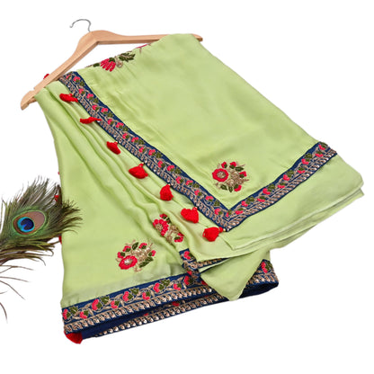 Rare Vintage Green Pure Satin Silk Saree Hand Embroidered Designer Sabyasachi Sari 6 Yard Bollywood Party Wear with Padded Blouse size 34"