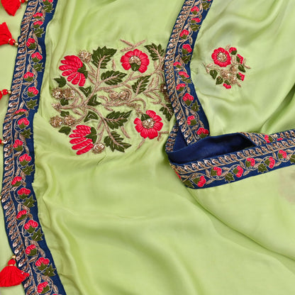 Rare Vintage Green Pure Satin Silk Saree Hand Embroidered Designer Sabyasachi Sari 6 Yard Bollywood Party Wear with Padded Blouse size 34"