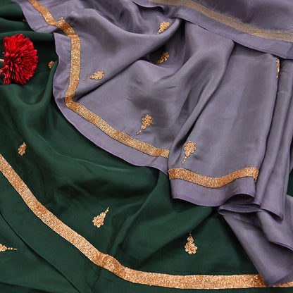 Rare Vintage Green & Purple Pure Silk Saree Hand Embroidered Fabric 6 Yards Sari Bollywood Party Wear Ethnic Designer Saree