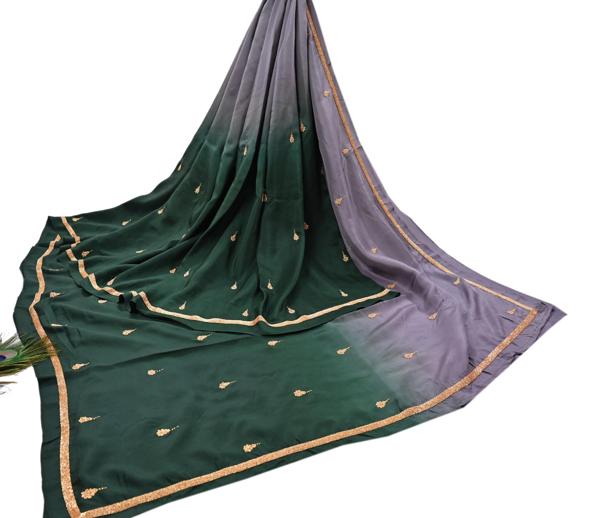 Rare Vintage Green & Purple Pure Silk Saree Hand Embroidered Fabric 6 Yards Sari Bollywood Party Wear Ethnic Designer Saree