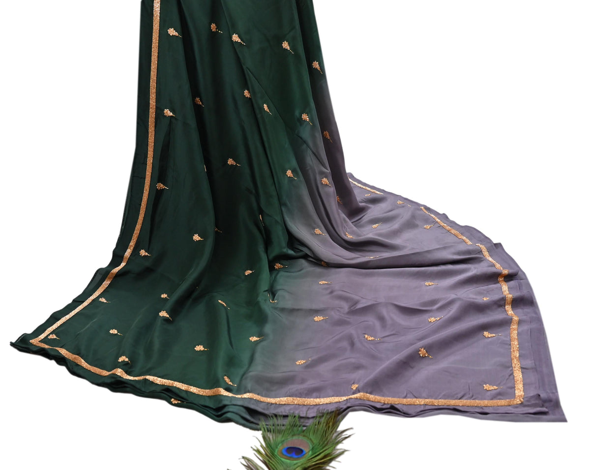 Rare Vintage Green & Purple Pure Silk Saree Hand Embroidered Fabric 6 Yards Sari Bollywood Party Wear Ethnic Designer Saree