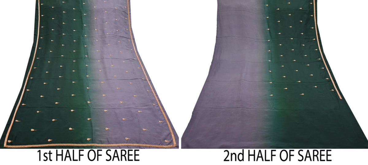 Rare Vintage Green & Purple Pure Silk Saree Hand Embroidered Fabric 6 Yards Sari Bollywood Party Wear Ethnic Designer Saree