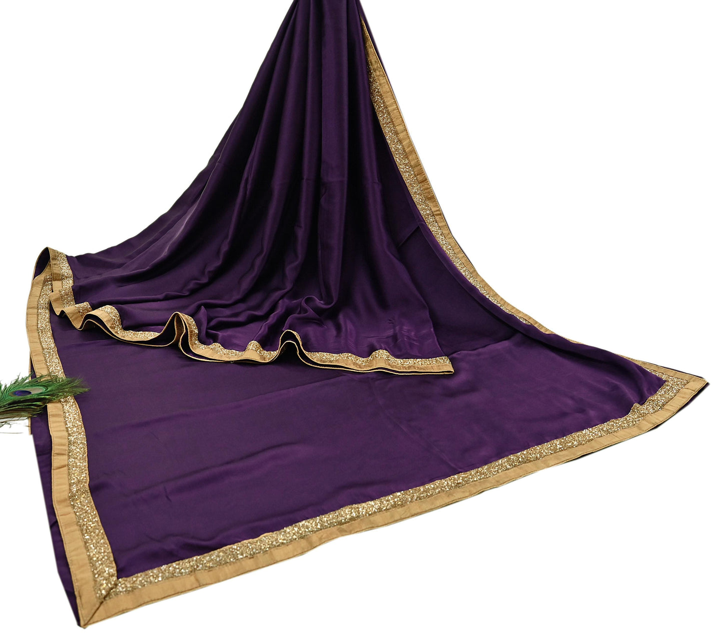 Rare Vintage Purple Pure Satin Silk Saree Hand Embroidered Fabric 6 Yards Sari Bollywood Party Wear Ethnic Designer Saree