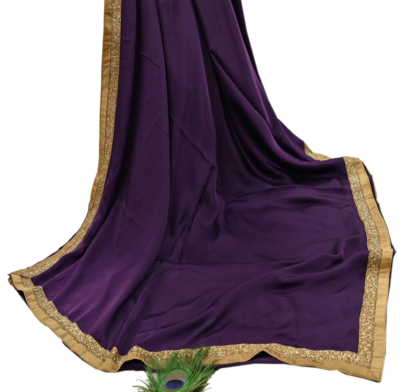 Rare Vintage Purple Pure Satin Silk Saree Hand Embroidered Fabric 6 Yards Sari Bollywood Party Wear Ethnic Designer Saree