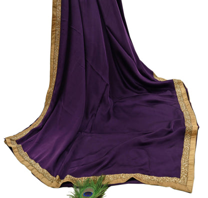 Rare Vintage Purple Pure Satin Silk Saree Hand Embroidered Fabric 6 Yards Sari Bollywood Party Wear Ethnic Designer Saree