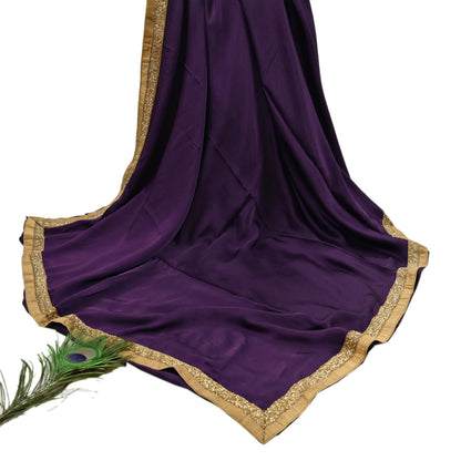 Rare Vintage Purple Pure Satin Silk Saree Hand Embroidered Fabric 6 Yards Sari Bollywood Party Wear Ethnic Designer Saree