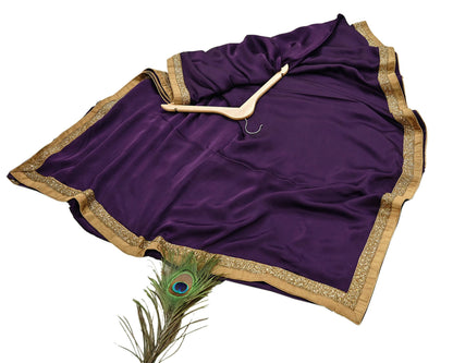 Rare Vintage Purple Pure Satin Silk Saree Hand Embroidered Fabric 6 Yards Sari Bollywood Party Wear Ethnic Designer Saree