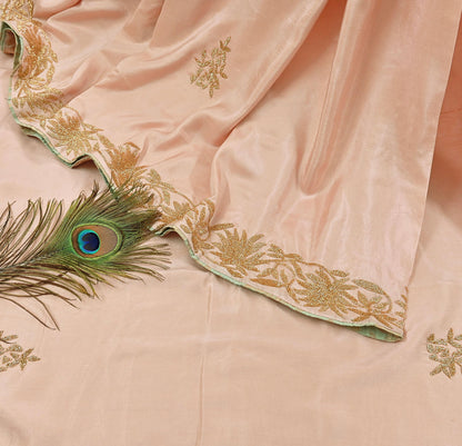 Rare Vintage Peach Pure Silk Saree Hand Embroidered Fabric 5.5 Yards Sari Bollywood Party Wear Ethnic Designer Saree