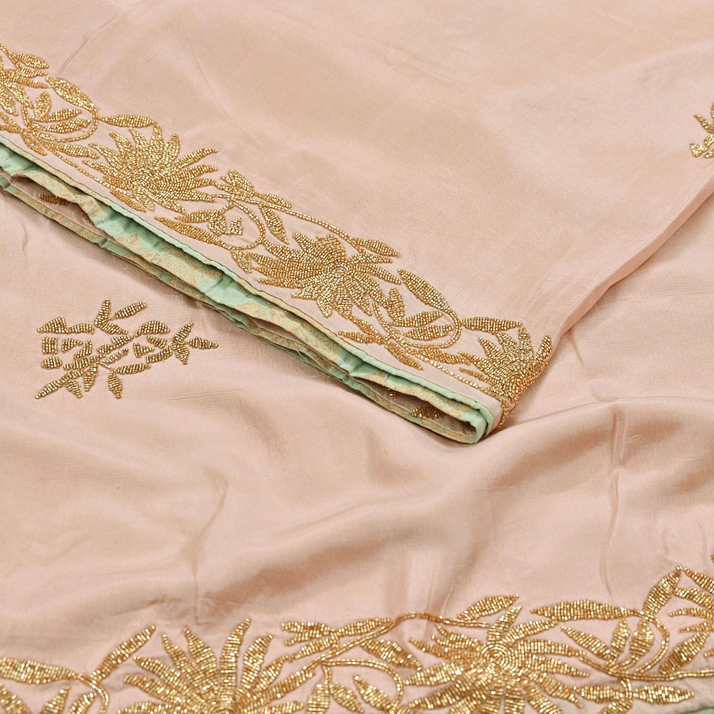 Rare Vintage Peach Pure Silk Saree Hand Embroidered Fabric 5.5 Yards Sari Bollywood Party Wear Ethnic Designer Saree
