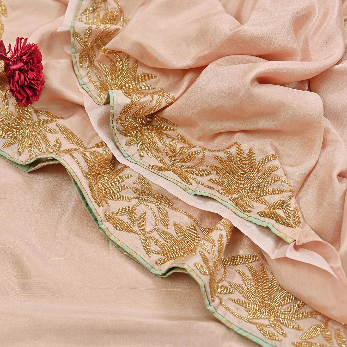 Rare Vintage Peach Pure Silk Saree Hand Embroidered Fabric 5.5 Yards Sari Bollywood Party Wear Ethnic Designer Saree