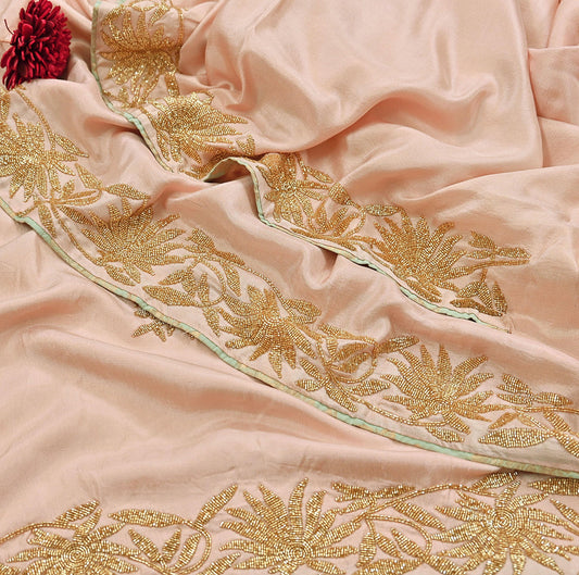 Rare Vintage Peach Pure Silk Saree Hand Embroidered Fabric 5.5 Yards Sari Bollywood Party Wear Ethnic Designer Saree