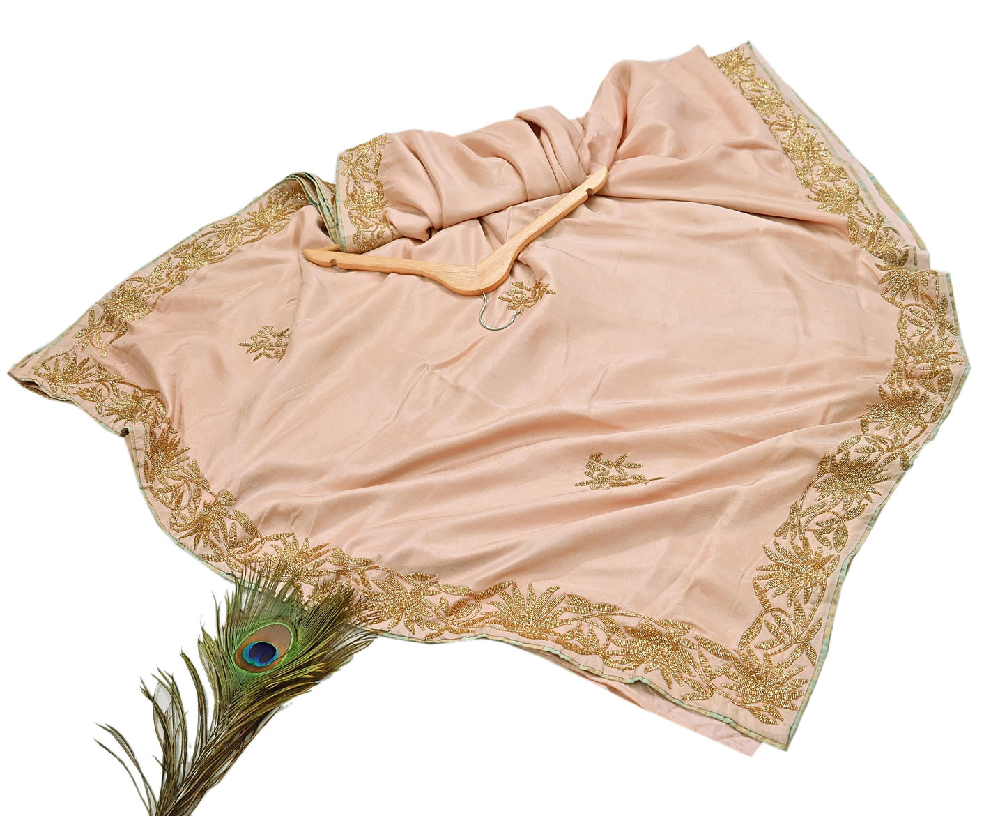Rare Vintage Peach Pure Silk Saree Hand Embroidered Fabric 5.5 Yards Sari Bollywood Party Wear Ethnic Designer Saree