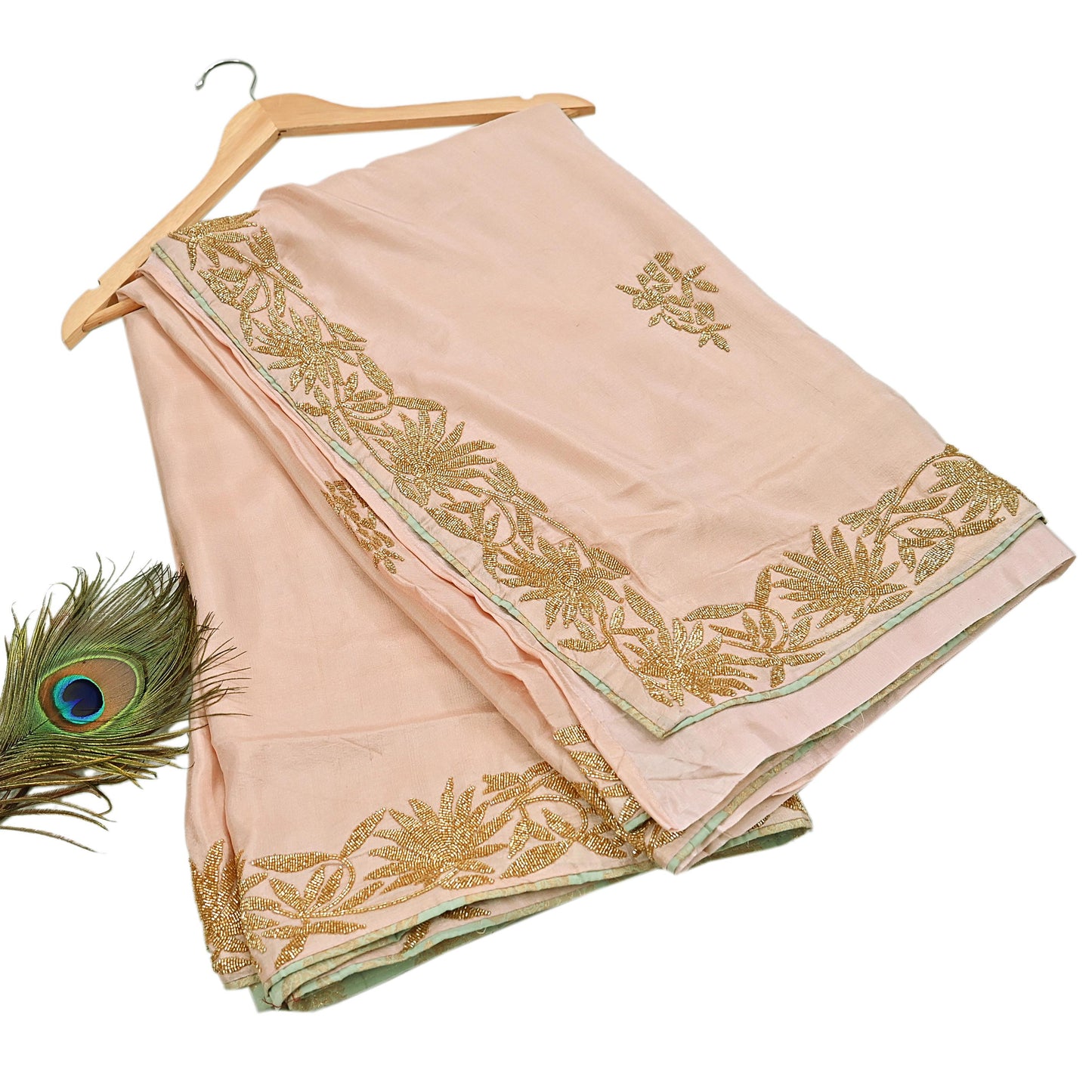 Rare Vintage Peach Pure Silk Saree Hand Embroidered Fabric 5.5 Yards Sari Bollywood Party Wear Ethnic Designer Saree