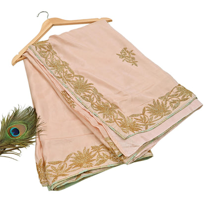 Rare Vintage Peach Pure Silk Saree Hand Embroidered Fabric 5.5 Yards Sari Bollywood Party Wear Ethnic Designer Saree