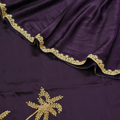 Rare Vintage Purple Pure Satin Silk Saree Hand Embroidered Fabric 6 Yards Sari Bollywood Party Wear Ethnic Designer Saree