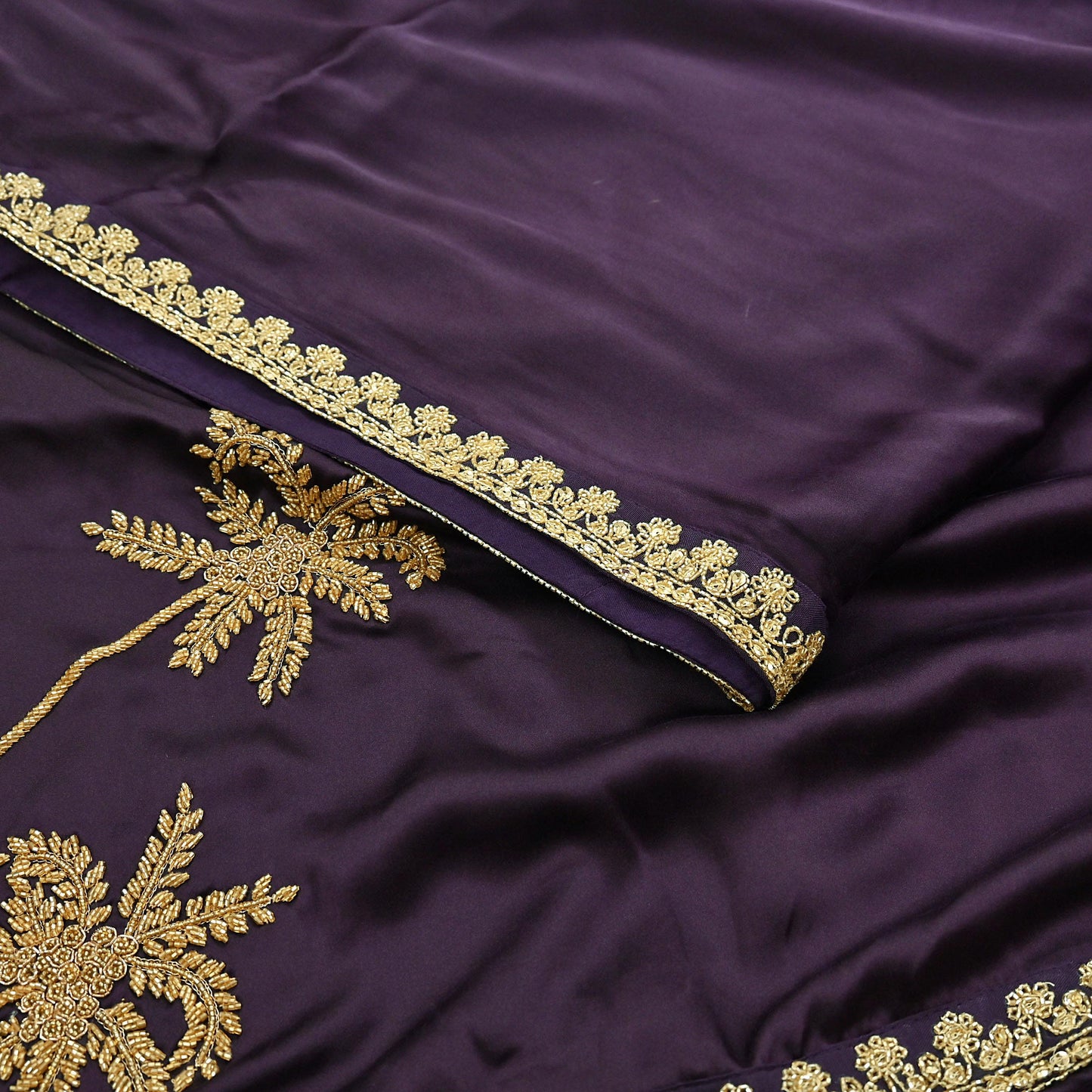 Rare Vintage Purple Pure Satin Silk Saree Hand Embroidered Fabric 6 Yards Sari Bollywood Party Wear Ethnic Designer Saree