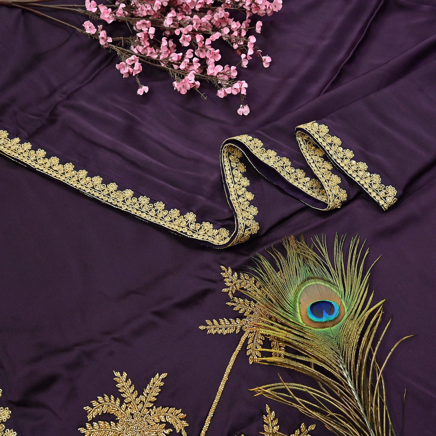 Rare Vintage Purple Pure Satin Silk Saree Hand Embroidered Fabric 6 Yards Sari Bollywood Party Wear Ethnic Designer Saree