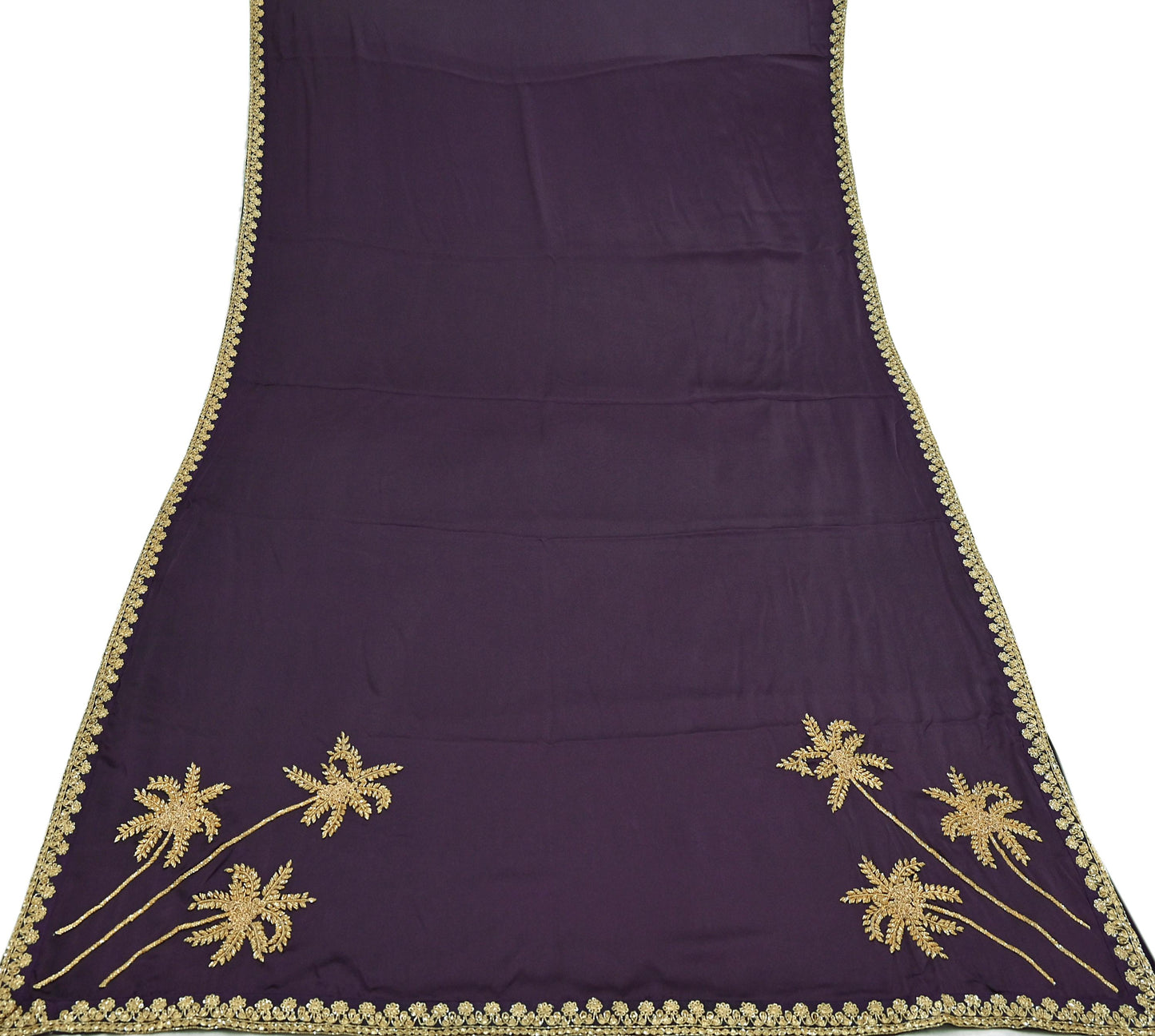 Rare Vintage Purple Pure Satin Silk Saree Hand Embroidered Fabric 6 Yards Sari Bollywood Party Wear Ethnic Designer Saree