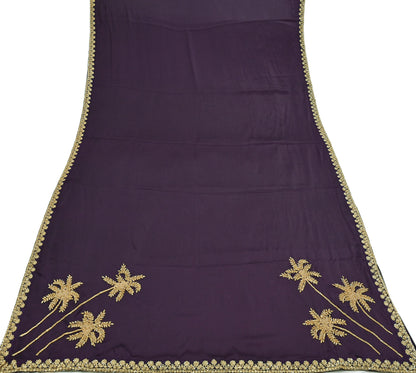Rare Vintage Purple Pure Satin Silk Saree Hand Embroidered Fabric 6 Yards Sari Bollywood Party Wear Ethnic Designer Saree