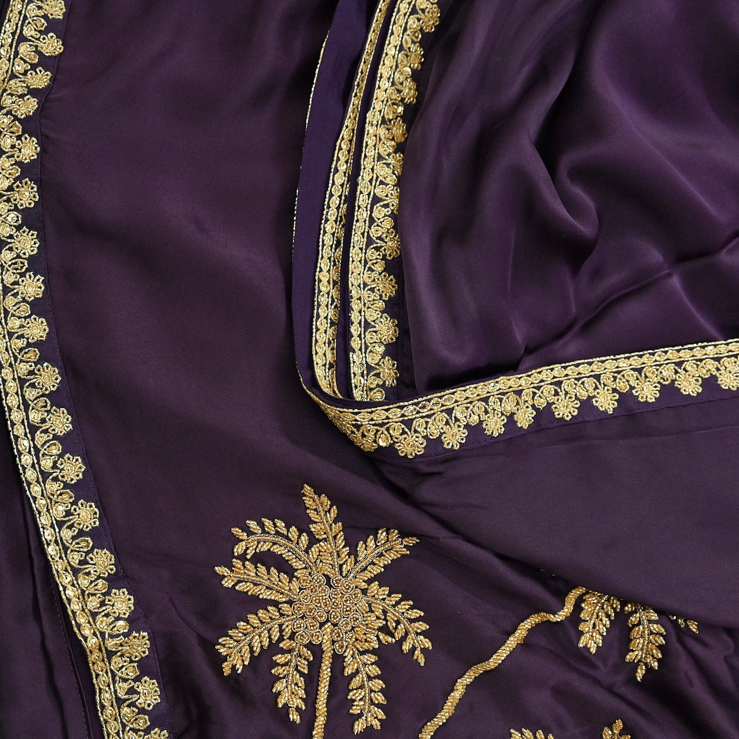 Rare Vintage Purple Pure Satin Silk Saree Hand Embroidered Fabric 6 Yards Sari Bollywood Party Wear Ethnic Designer Saree