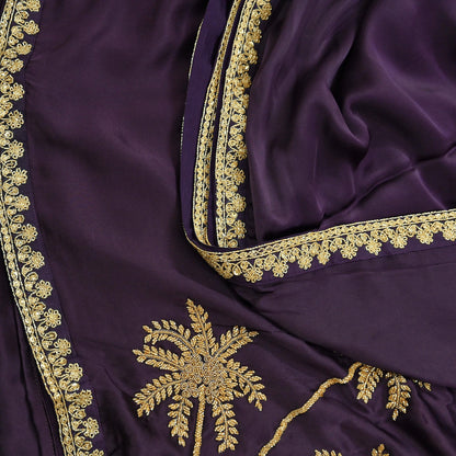 Rare Vintage Purple Pure Satin Silk Saree Hand Embroidered Fabric 6 Yards Sari Bollywood Party Wear Ethnic Designer Saree
