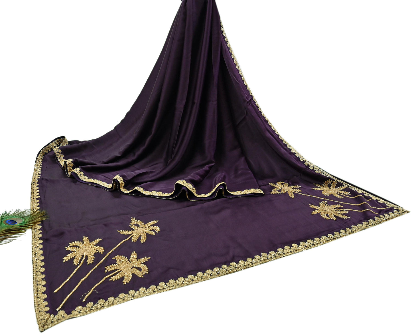 Rare Vintage Purple Pure Satin Silk Saree Hand Embroidered Fabric 6 Yards Sari Bollywood Party Wear Ethnic Designer Saree