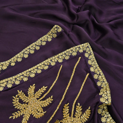 Rare Vintage Purple Pure Satin Silk Saree Hand Embroidered Fabric 6 Yards Sari Bollywood Party Wear Ethnic Designer Saree