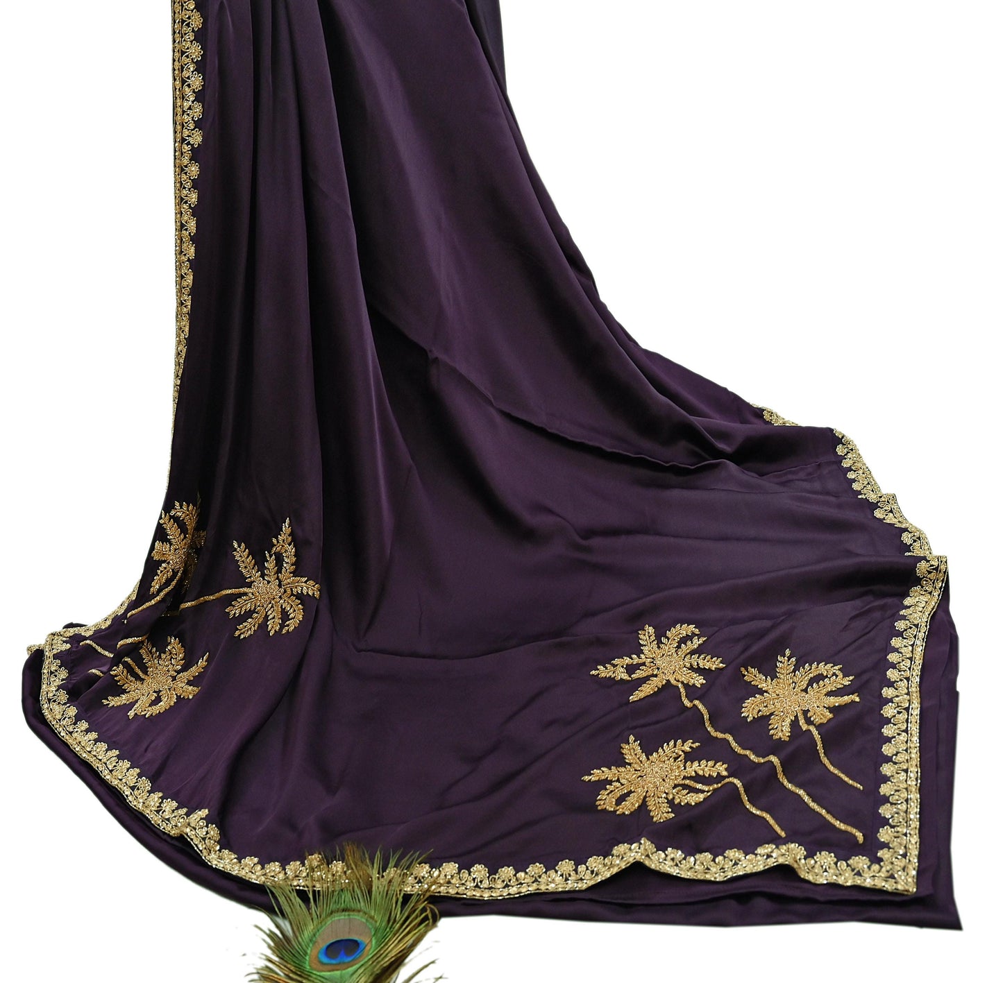 Rare Vintage Purple Pure Satin Silk Saree Hand Embroidered Fabric 6 Yards Sari Bollywood Party Wear Ethnic Designer Saree