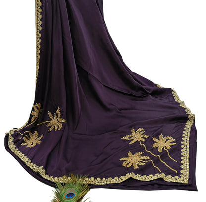 Rare Vintage Purple Pure Satin Silk Saree Hand Embroidered Fabric 6 Yards Sari Bollywood Party Wear Ethnic Designer Saree