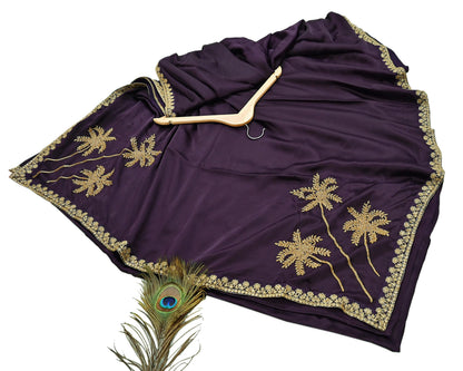 Rare Vintage Purple Pure Satin Silk Saree Hand Embroidered Fabric 6 Yards Sari Bollywood Party Wear Ethnic Designer Saree