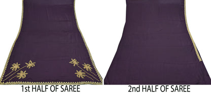 Rare Vintage Purple Pure Satin Silk Saree Hand Embroidered Fabric 6 Yards Sari Bollywood Party Wear Ethnic Designer Saree