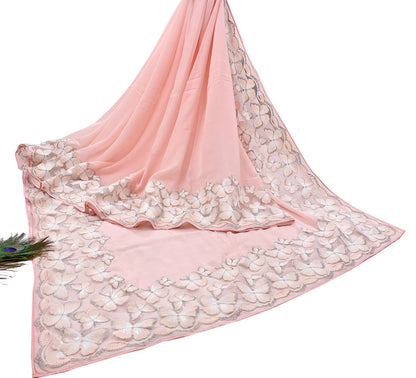 Rare Vintage Pink Blend Georgette Saree Hand Embroidered Fabric 6 Yard Sari Bollywood Party Wear Ethnic Saree with Blouse Fabric